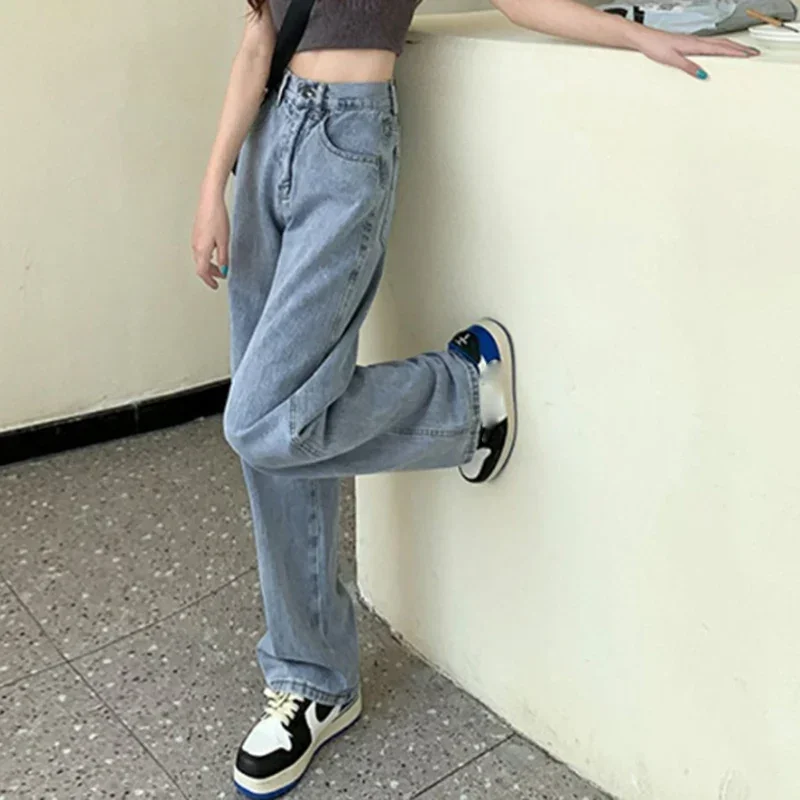 Women Retro Blue Black High Waist Wide Leg Jeans Lady Korean Style Straight Leg Denim Pants Fashion Streetwear Daily Trousers