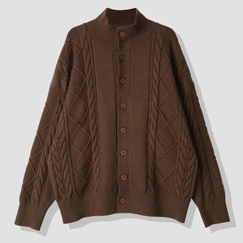 Осенне-зимний вязаный кардиган с воротником-стойкой, мужской свободный корейский универсальный однотонный свитер, куртка, топ