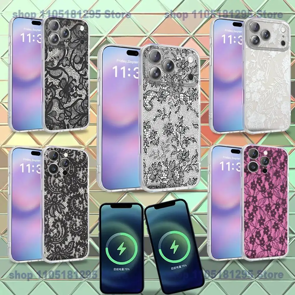 

Black Lace Pattern Personalized Phone Case For iPhone 16,14,11,17,13,15,12,Air,Plus,Pro,Max,E,Mini Frosted for MagSafe Magnetic