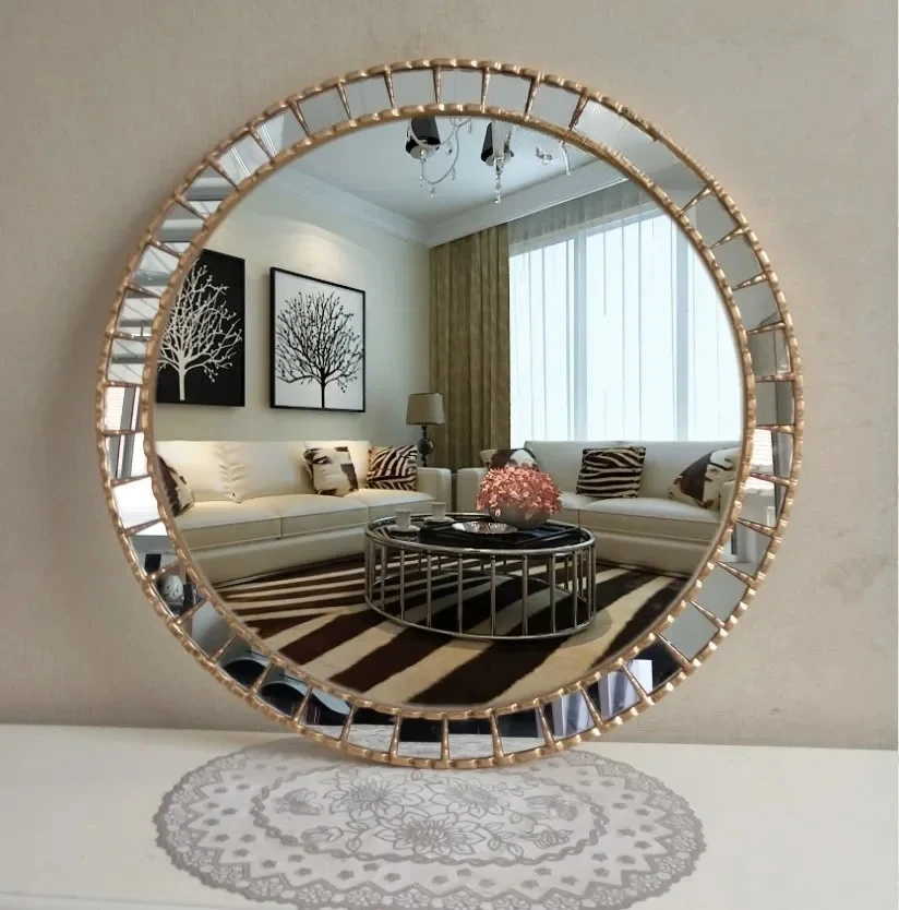 

European bathroom glass square collage round mirror makeup retro bathroom mirror decorative wall mirror