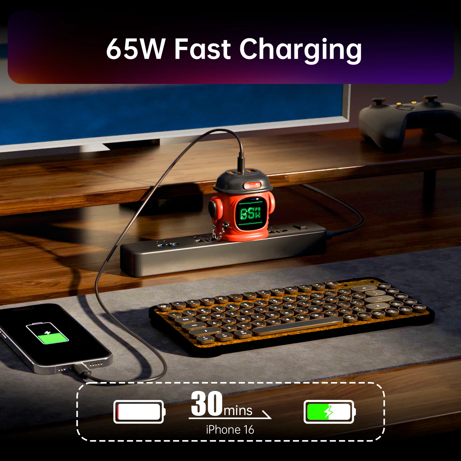Divoom Dipow 65W GaN Charger Desktop Laptop Fast Charger 3 in 1 Adapter For iPhone16 15 14  Pro Max Phone Charger Xiaomi Samsung