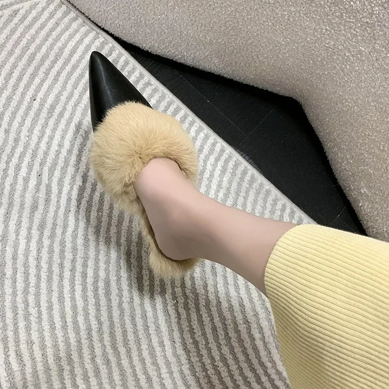 Fashion Winter Plush Women Mules Slippers Slip on Warm Woman Slipper Faux Fur Flat Shoes Pointed Toe Female Ladies Shoes