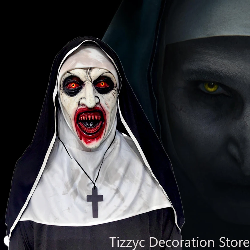 Nun Mask Halloween Masquerade Costume Props Cosplay Horror Women Latex Masks with Turban All Saints' Day Party Dress Up Prop