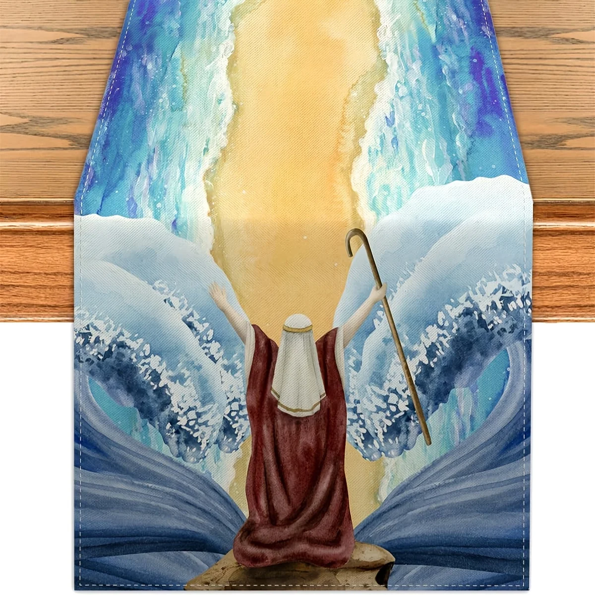 Jewish Passover Table Runner, Pesach Decor, Green Golden Red Sea Crossing Design, Festive Table Centerpiece for Dining Kitchen H