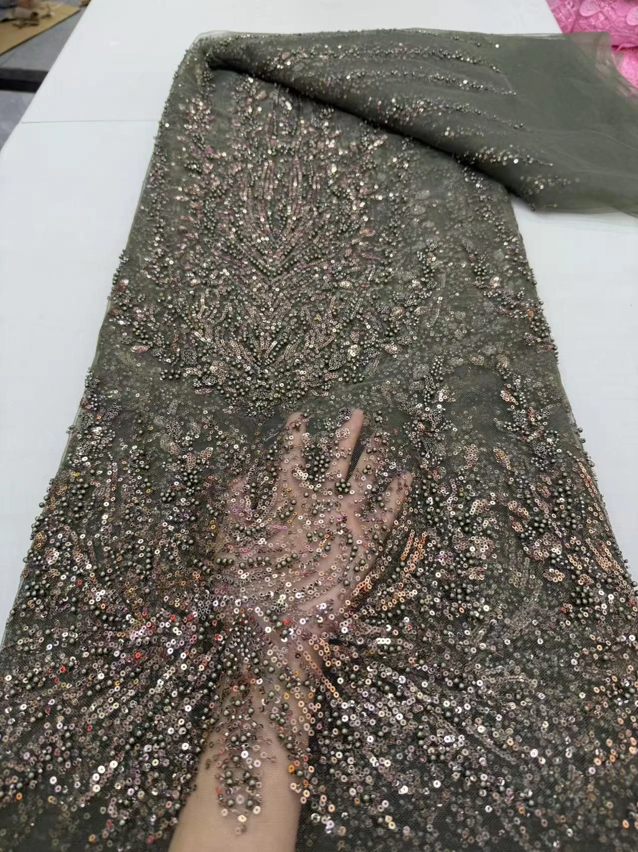

2025 African Nigerian High-Quality Sequins Tulle Lace Fabric 5Yard for Prom Dresses Beads Embroidery Sewing Net Cloth JY428