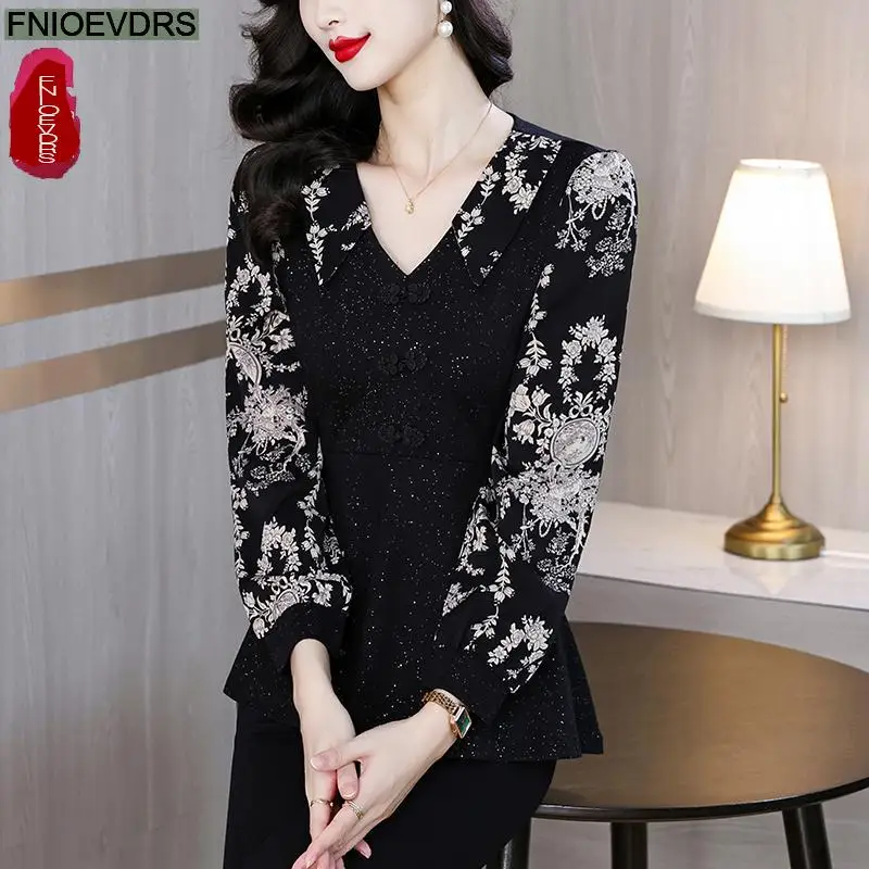 Loose Clothes Women 2024 Autumn Elegant Office Lady Button Shirts Casual Retro Vintage Ruffles Tunic Black Peplum Tops Blouses