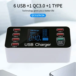 USB Charger Station Quick Charger 3.0 Smart LED Digital display 40W 8-port Multi USB Type C PD Charger Fast Charging Station HUB