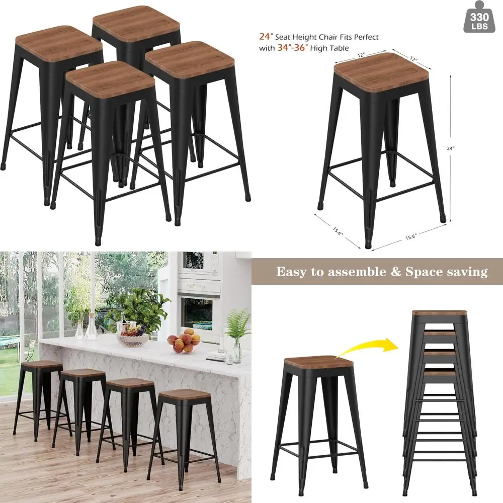 مجموعة مقاعد بار معدنية بيضاء حديثة صناعية مكونة من 4 قطع مع سطح خشبي لجزيرة المطبخ وارتفاع العداد والمقهى واستخدام المطاعم