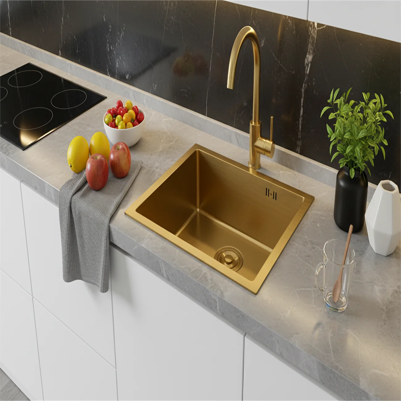 Évier en acier inoxydable doré 50x45cm, 201 SS 3mm d'épaisseur 20cm de profondeur, comptoir à nano-revêtement/Style de luxe léger intégré