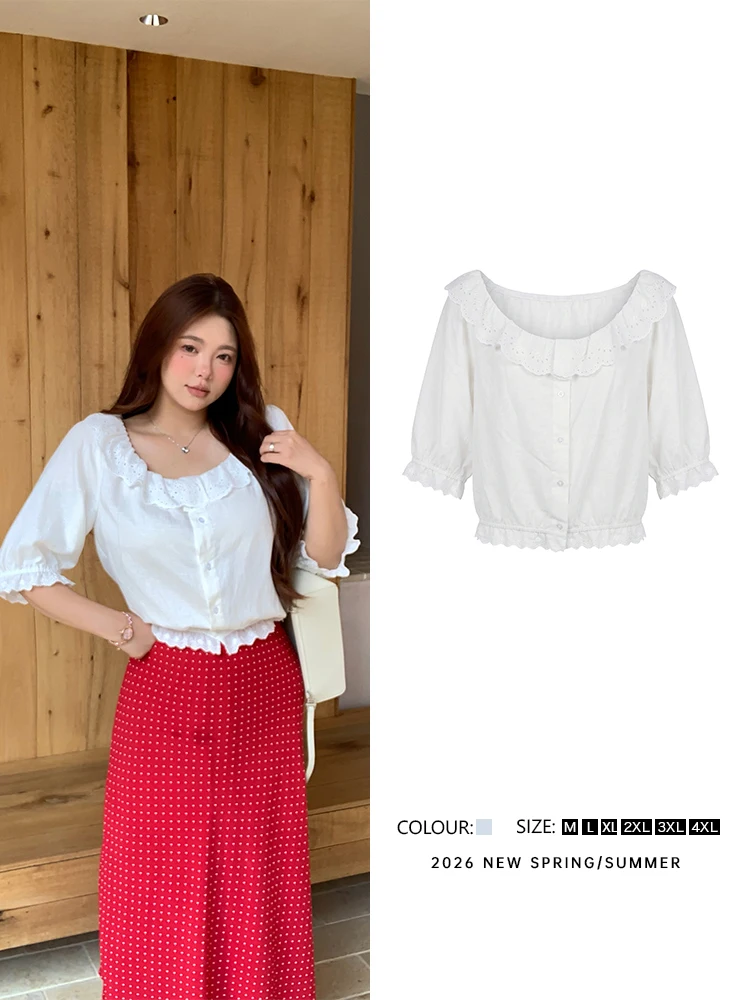 

New White Lace Trim Short Sleeve Shirt Women's Casual Loose Fit Cotton Spring Summer Fashion Youth Collar Button up