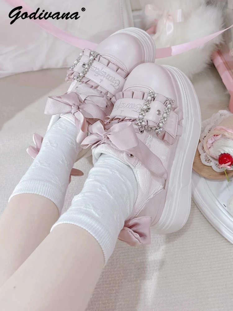 

Оригинальные японские туфли для маффинов массового производства, кожаные туфли на платформе с квадратной пряжкой и стразами, милые крутые женские лоферы