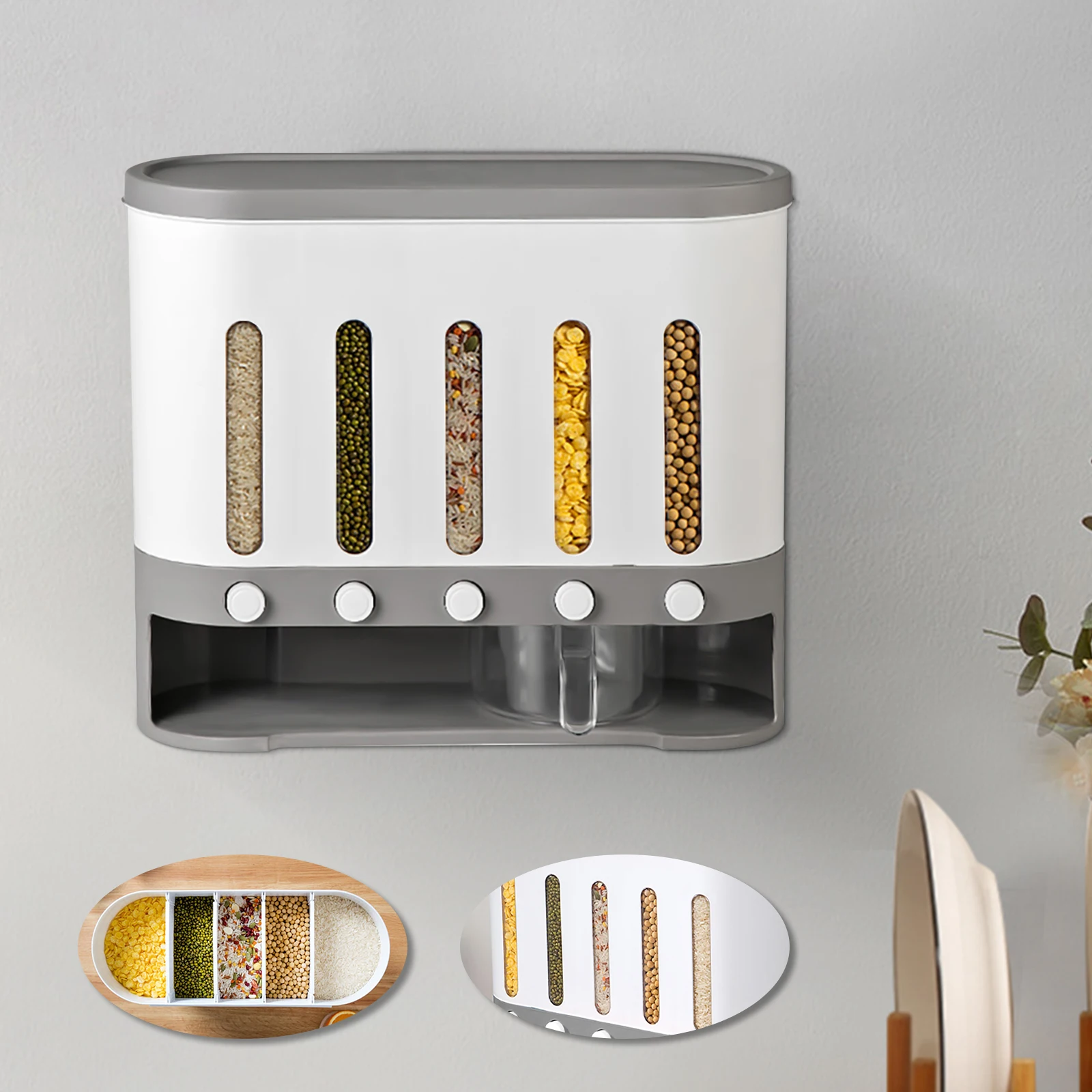 

9Kg 5-Grid Dry Food Dispenser Wall Mounted Cereal Rice Storage Container w/Cup homes kitchens for Beans, Flour, Oats, Sugar, Nut