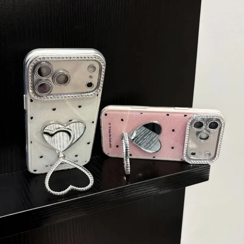 Glitter Diamond Love Heart Mirror Bracket Case for iPhone 16 17 18 Pro Max 15 14 Plus 12 13 Make Up Holder Stand Lens Film Cover view 3