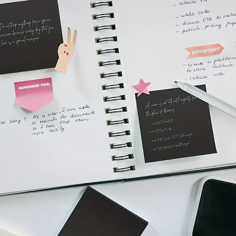 5Pcs 50pages Pure Black Sticky Notes Pad - Tear-Off, Reusable, Stationery for Handbook, School, Office, and Home Use