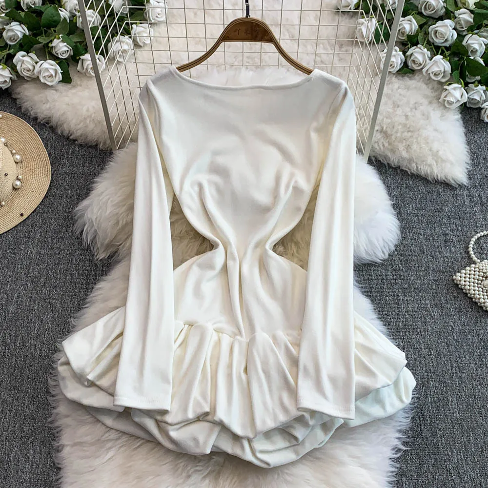 Vestido feminino linha a, cor sólida, primavera outono, elegante, temperamento, gola redonda, manga comprida, vestidos em camadas, roupa de escritório