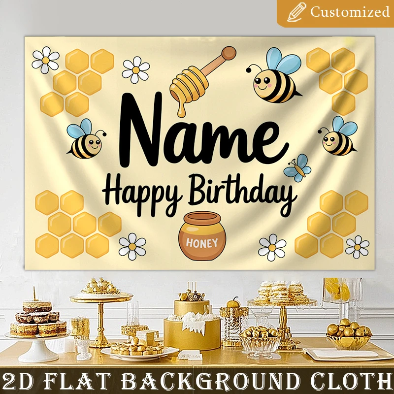1pc Customizable Happy Birthday Bee Themed Banner Tapestry, Cute Honeycomb Hanging Wall Decor for Party Backdrop