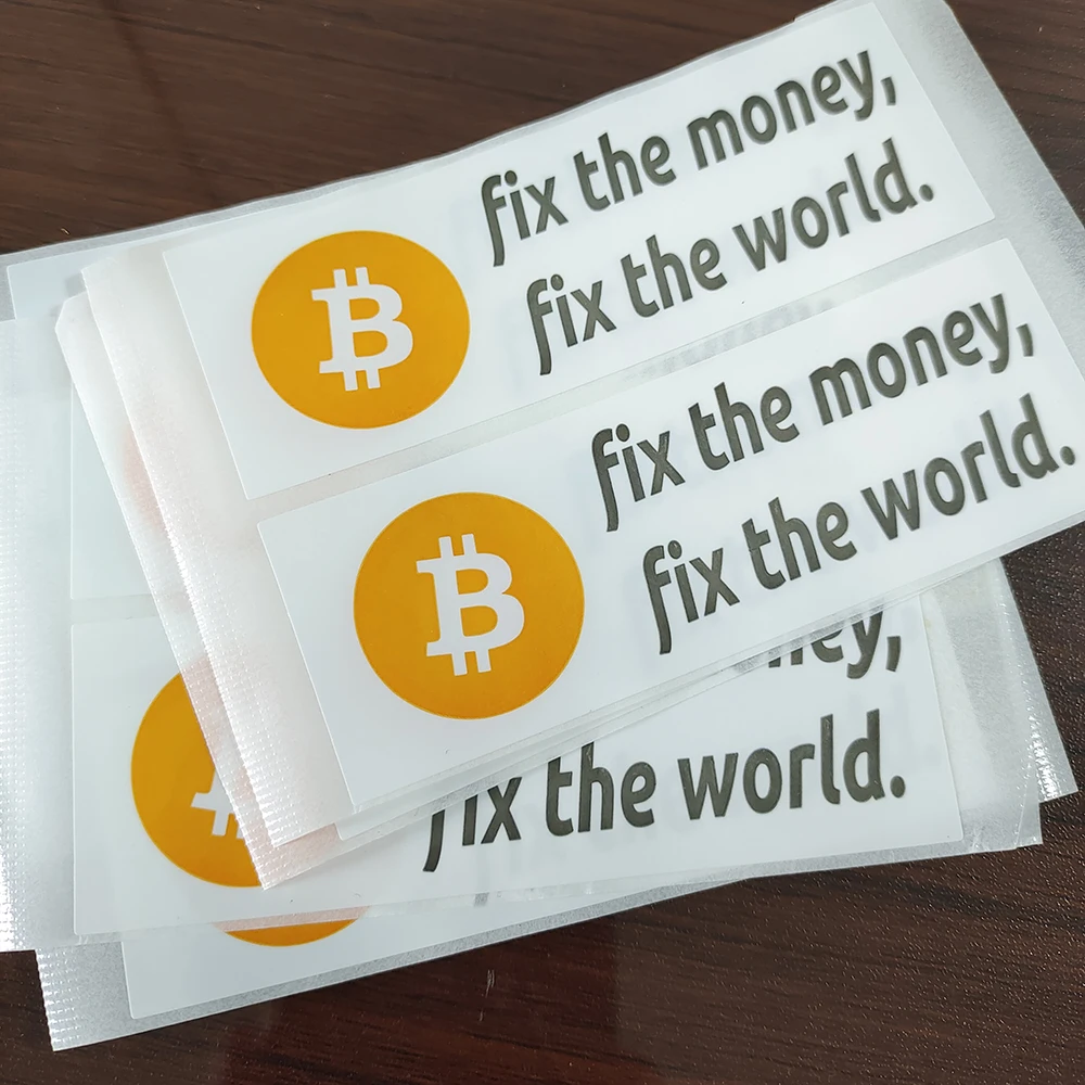 20pcs 100x35mm Bitcoin Logo Fix the Money World Durable Waterproof Tear Proof Vinyl Label Stickers Cryptocurrency Fans Publicity