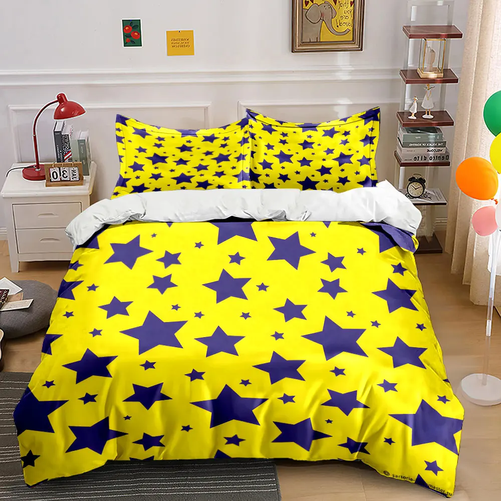 Purple stars on yellow background Duvet Cover Set Digital Print Colorful Polyester Bedding with Zipper Closur for kids gifts