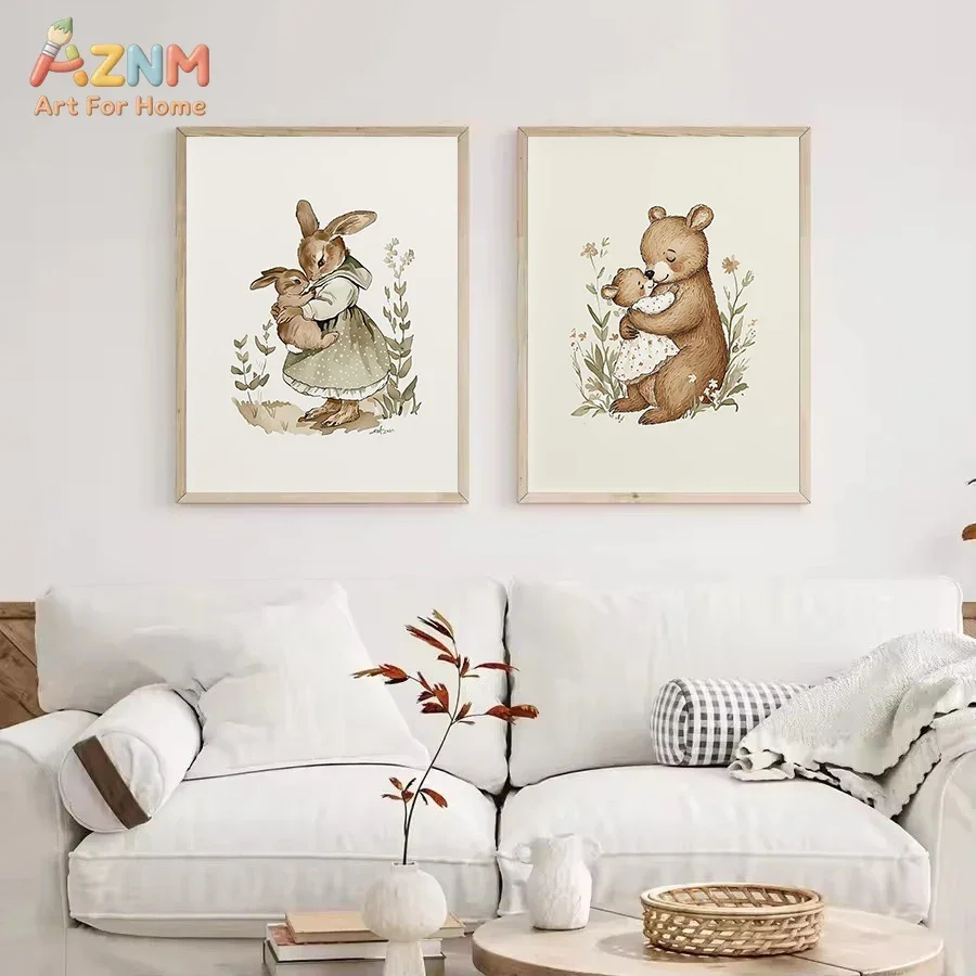 AZNM Vintage Watercolor Rabbit Family Canvas Print Cute Parent Child Bunny Bear Floral Beige Background Unframed Canvas Wall Art