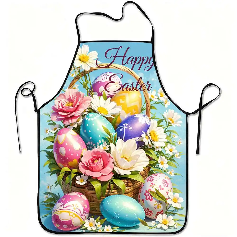 Happy Easter Egg Basket Kitchen Apron - Colorful Floral Spring Festival Graphic Linen Bib for Women Men Cooking Baking Party