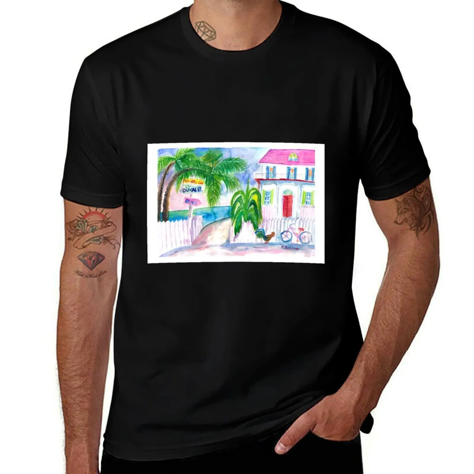 Key West Pink House and Signpost with Bike T-Shirt Stain Resistant Casual Tee T-Shirt
