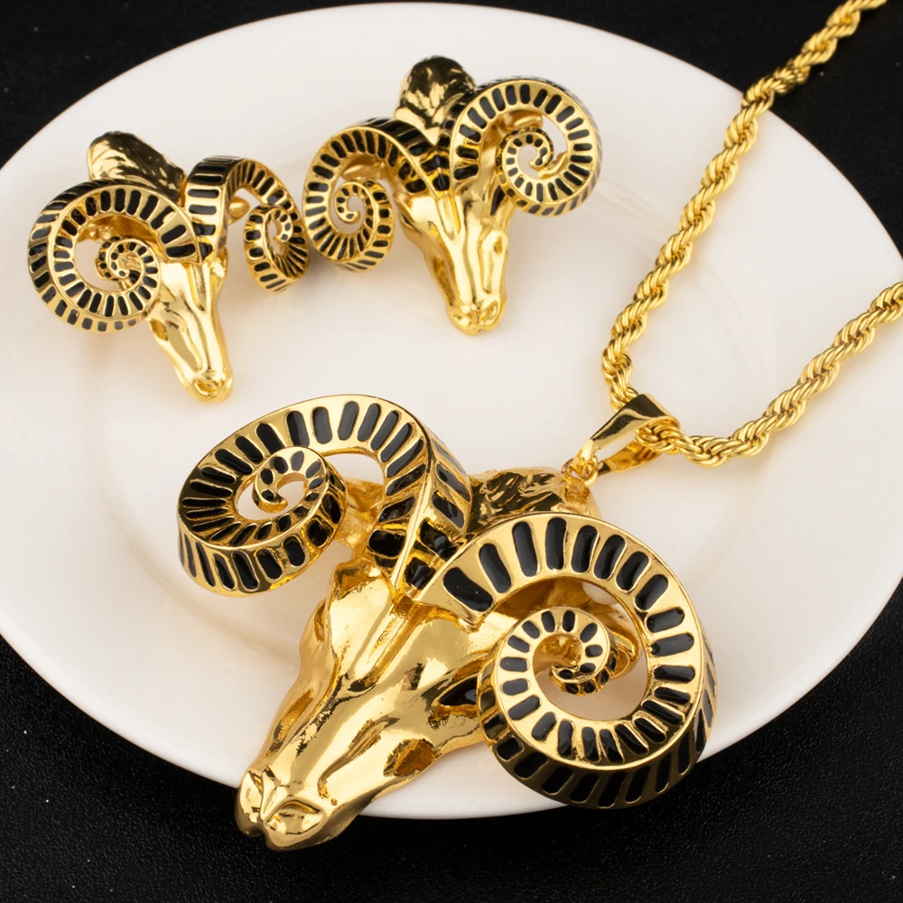 مجموعة أقراط قلادة فاخرة مطلية بالذهب على شكل الماعز البري للنساء في دبي بتصميم نوبل هدية مجوهرات لولائم الحفلات #1