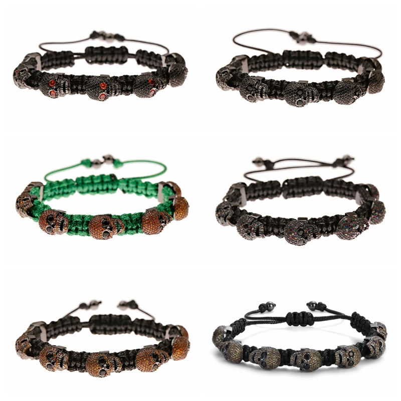 Fashion Zircon Skull Handmade Woven Bracelets Luxury CZ Beads Adjustable Bracelet Punk Wrist Jewelry for Women Men