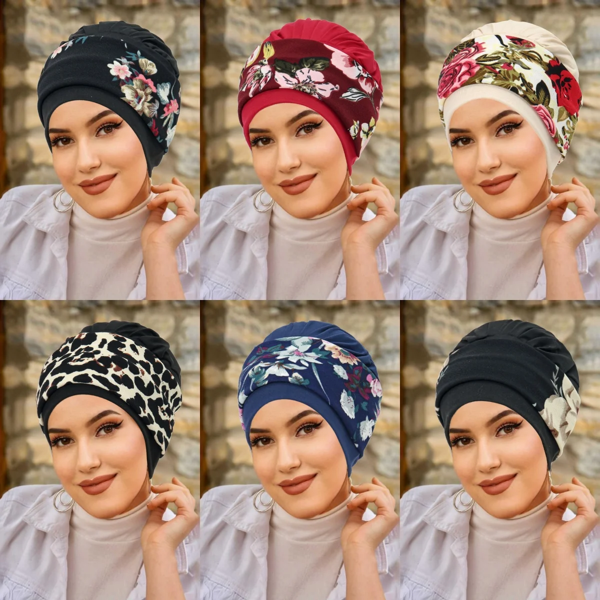 

Ramadan Muslim Women Soft Strech Turban Hats Pre Tied Headscarf Print Flower Hijabs Bandana Chemo Beanies Caps Cover