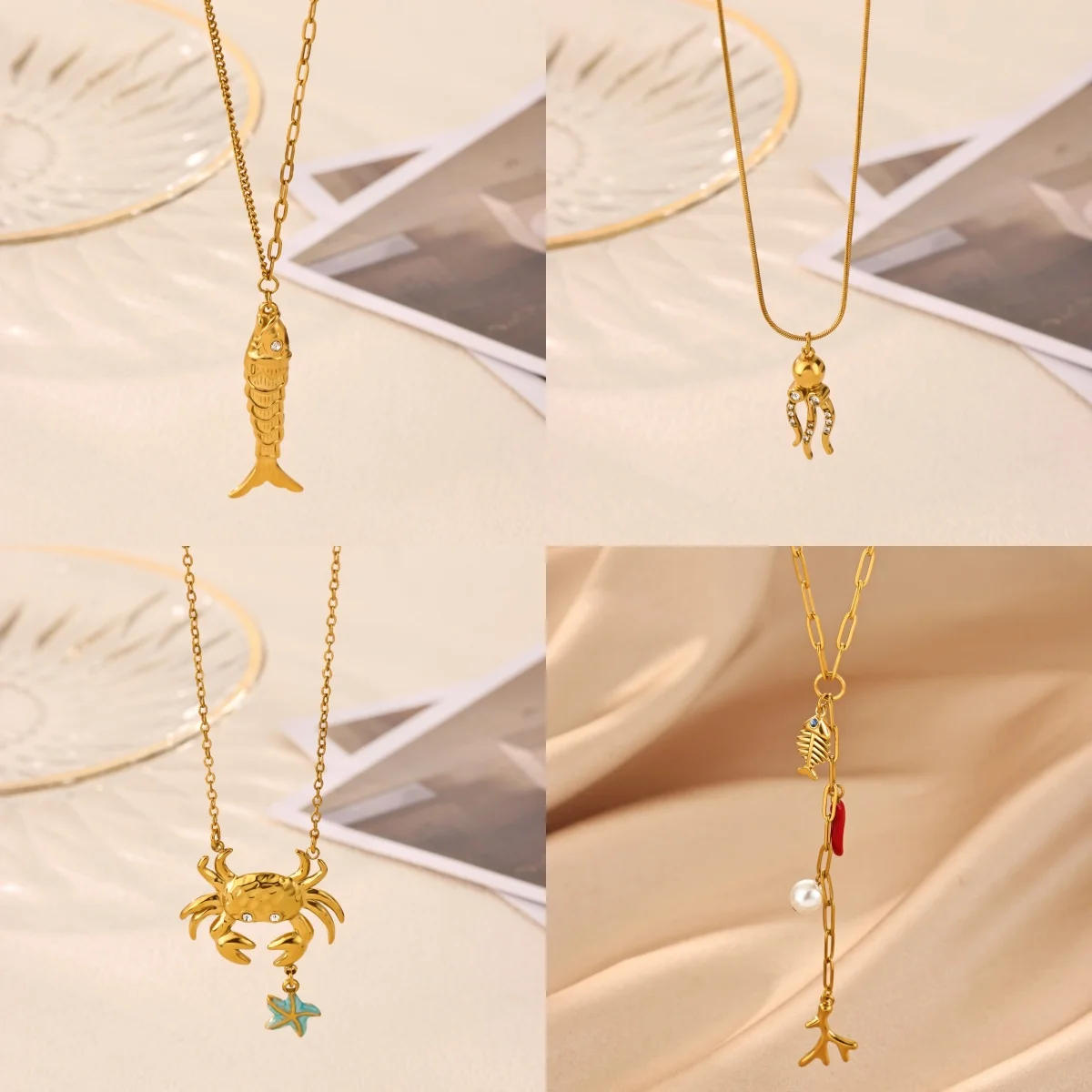 Summer Ocean Creature Shrimp Octopus Crab Pendant Necklace For Women Gold Color Stainless Steel Chain Beach Necklace Jewelry