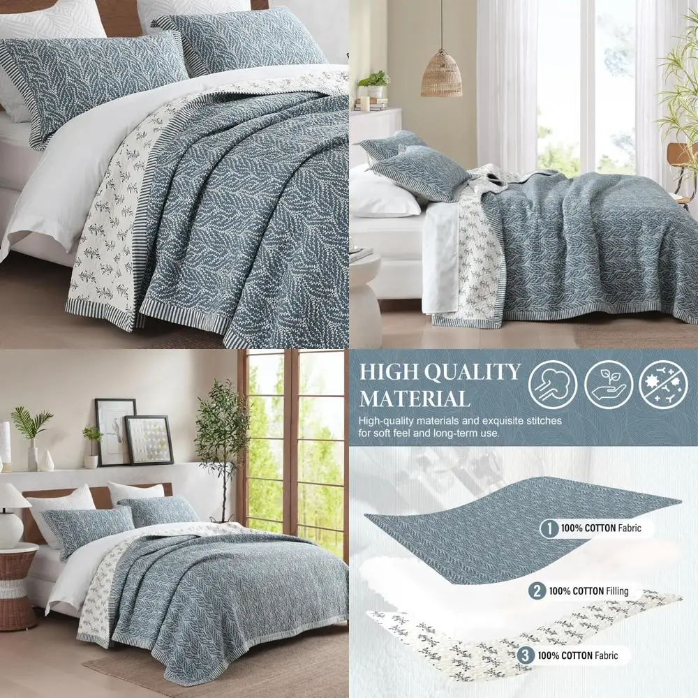 

King Size 100% Cotton Botanical Pattern Quilt Set with Chic Lightweight Bedspread