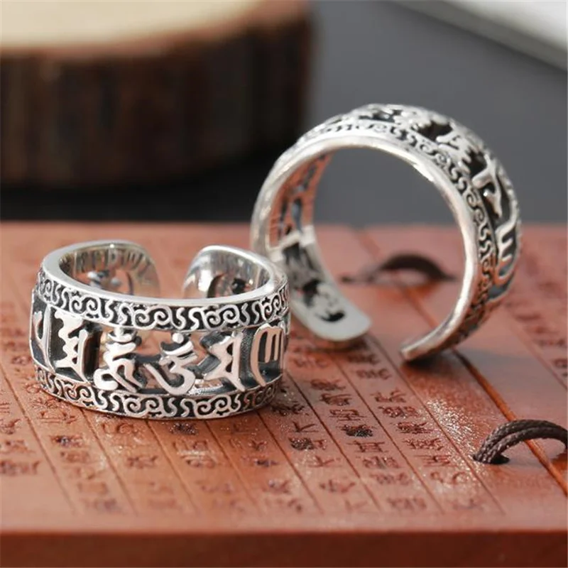 Vintage Buddhist Pray Blessings Ring For Men 925 Silver Jewelry Ethnic Hollow Words Sutra Ring Male Finger Accessories Gift