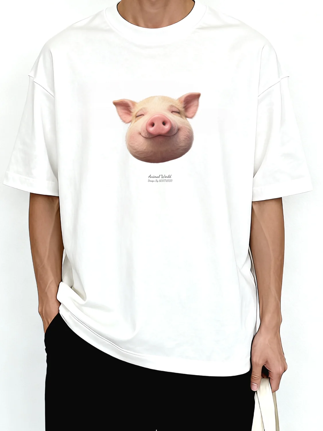 Retro American Cute Pig Head Meme Print Short Sleeve T-Shirt Pure Cotton round Neck Personalized Design Breathable Summer Top