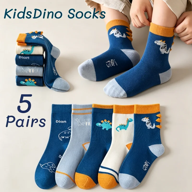 5 Pairs Boys Cartoon Dinosaur Cotton Socks Spring Autumn Kids Crew Socks
