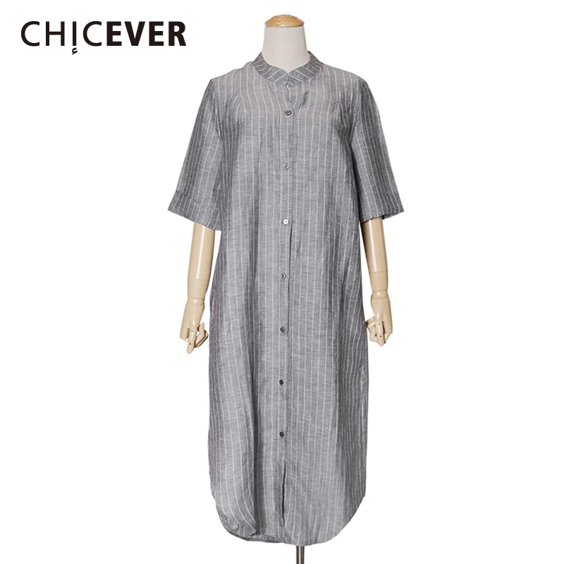 

CHICEVER Striped Loose Shirt For Women Stand Short Sleeve Loose Casual Spliced Botton Long Blouses Female Summer Fashion Style