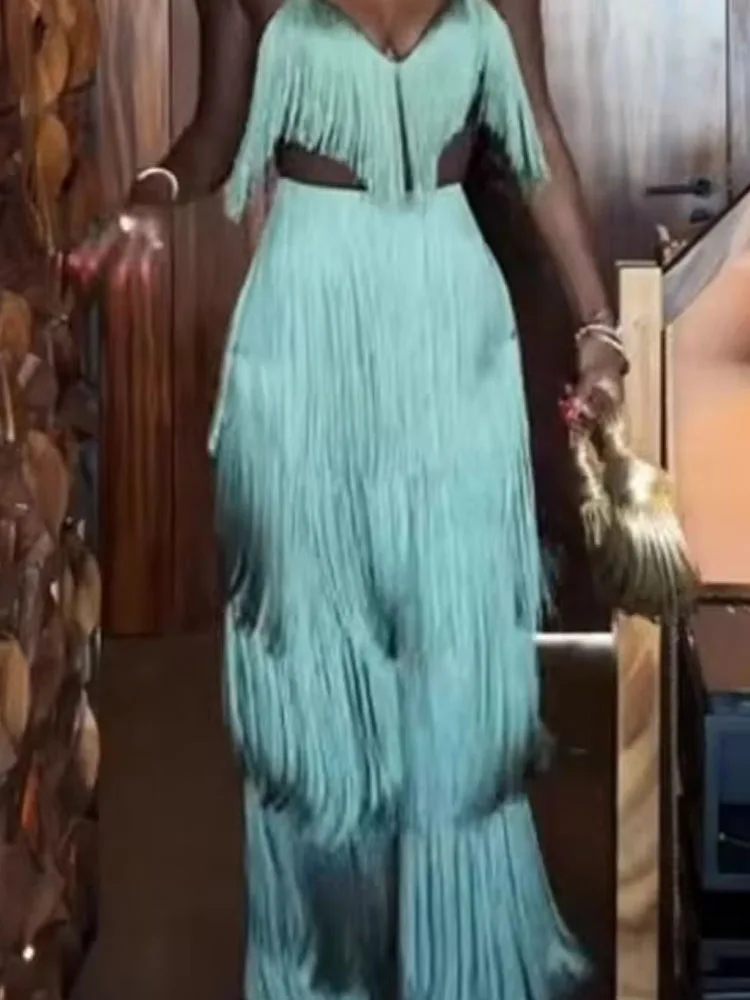 

Low Cut V-neck Bra Top with Long Pants Women's Outfits Tassel Design Hollow Out Party Suit Sexy Backless Slim Fit Two Piece Set