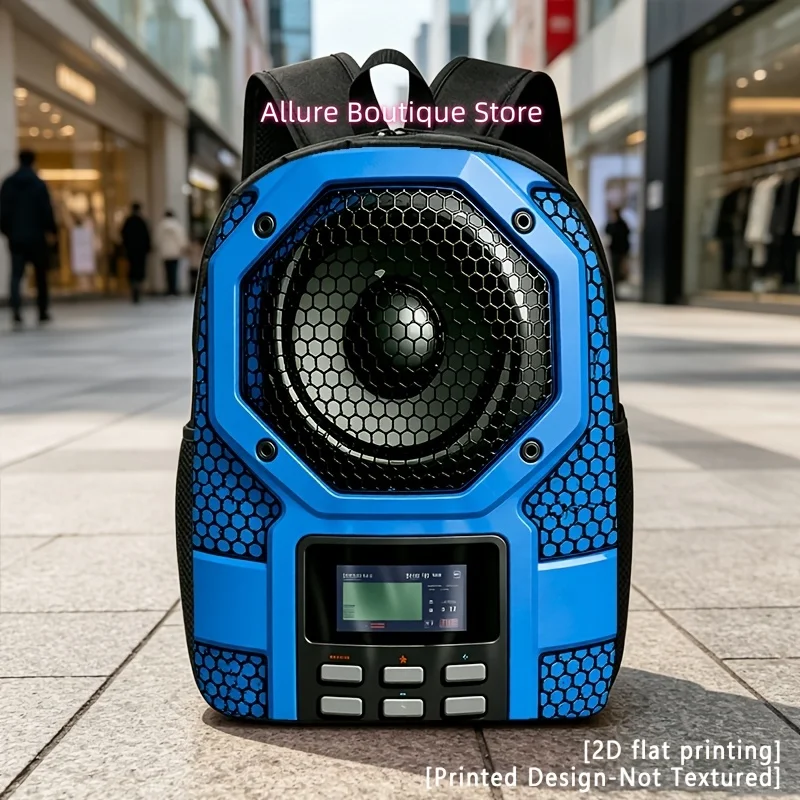 Printed Design – Not Textured 2D Flat Printing Blue Portable Speaker, Casual Backpack, Travel Laptop Backpack, 2D Flat Printing,