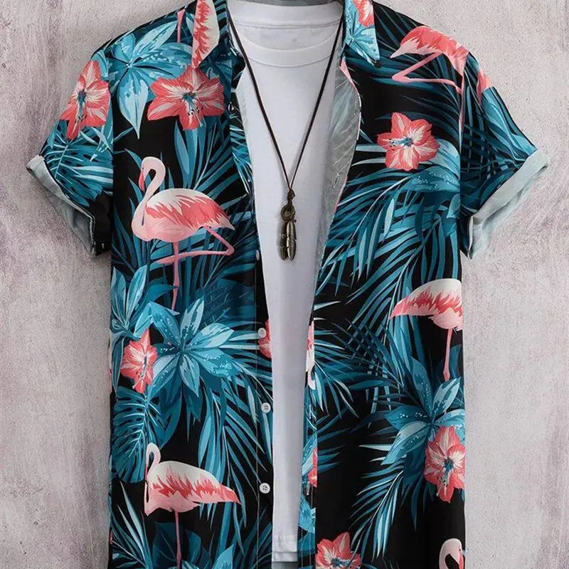 Men's Fashion Hawaiian Shirt 2023 Geometric Flower Printed Wide Fit PU Leather Thickened  Collar Nine Sleeve Length