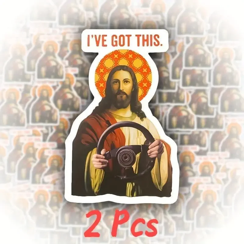 

2Pcs Funny Jesus Driving Car Vinyl Sticker Matte Finish Waterproof Decal for Car Window Bumper Laptop Decor