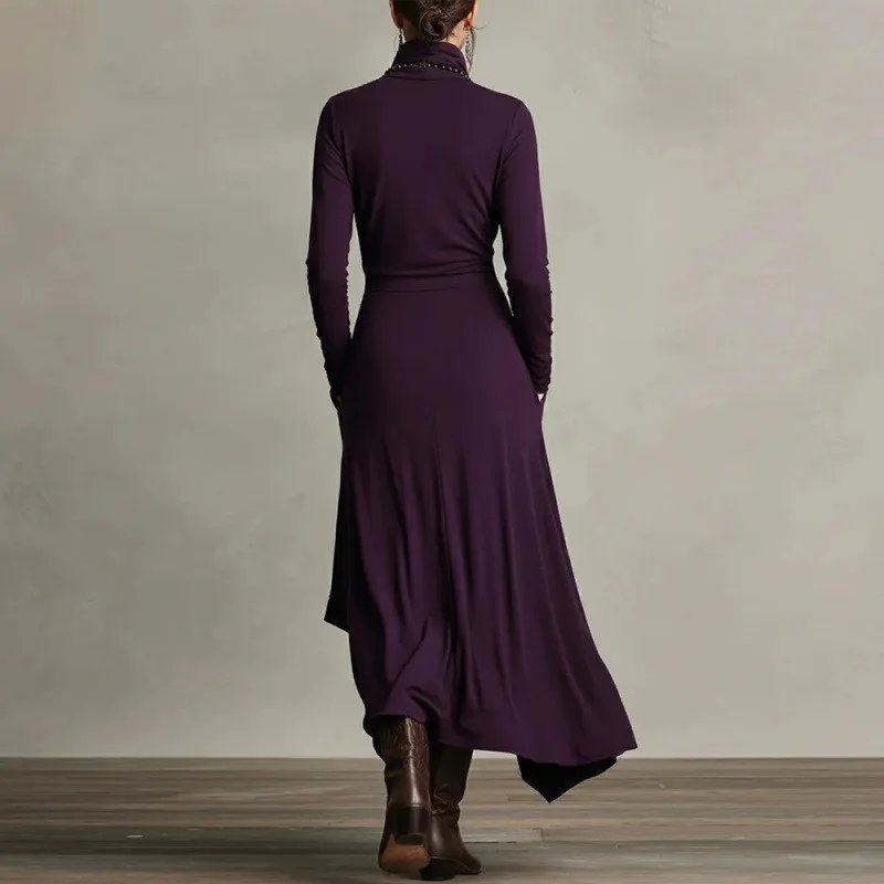 Asymmetrical Women's Turtle Neck Long Sleeve Cross Hem Maxi Dress Fall Winter Trendy Fashion Classic Chic Elegant Warm Dress
