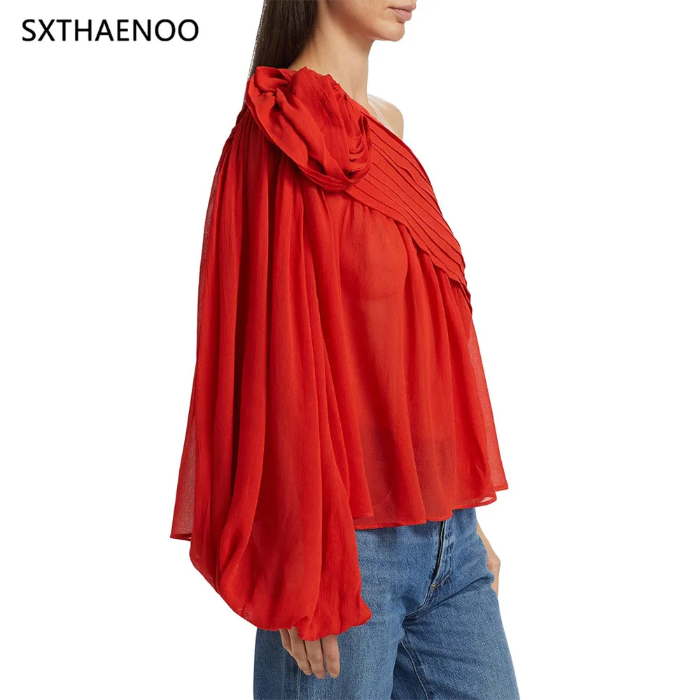 SXTHAENOO European and American Style 2025 New 3D Flower Splicing Single Shoulder Sleeve Solid Color Patchwork Shirt For Women