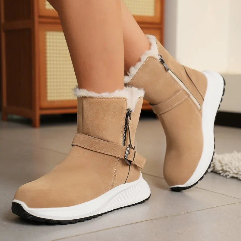 Office Lady Suede Ankle Boots Women Fur Cuff Chunky Sole Side Zipper Buckle Fall Winter Chic Daily Essential Pair