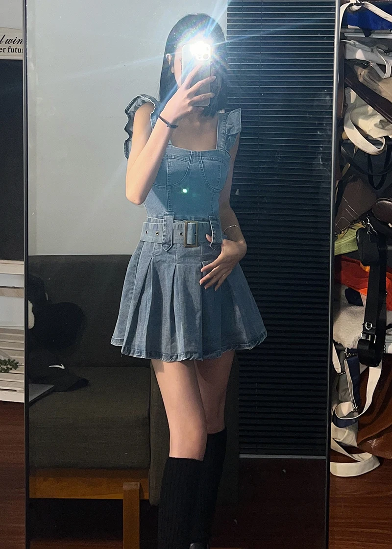 2000s Slim Sexy Short Dress Featuring Dash Sleeves And Denim Stylewomen Spring Summer Dress Featuring Waist Cinching Design 2024