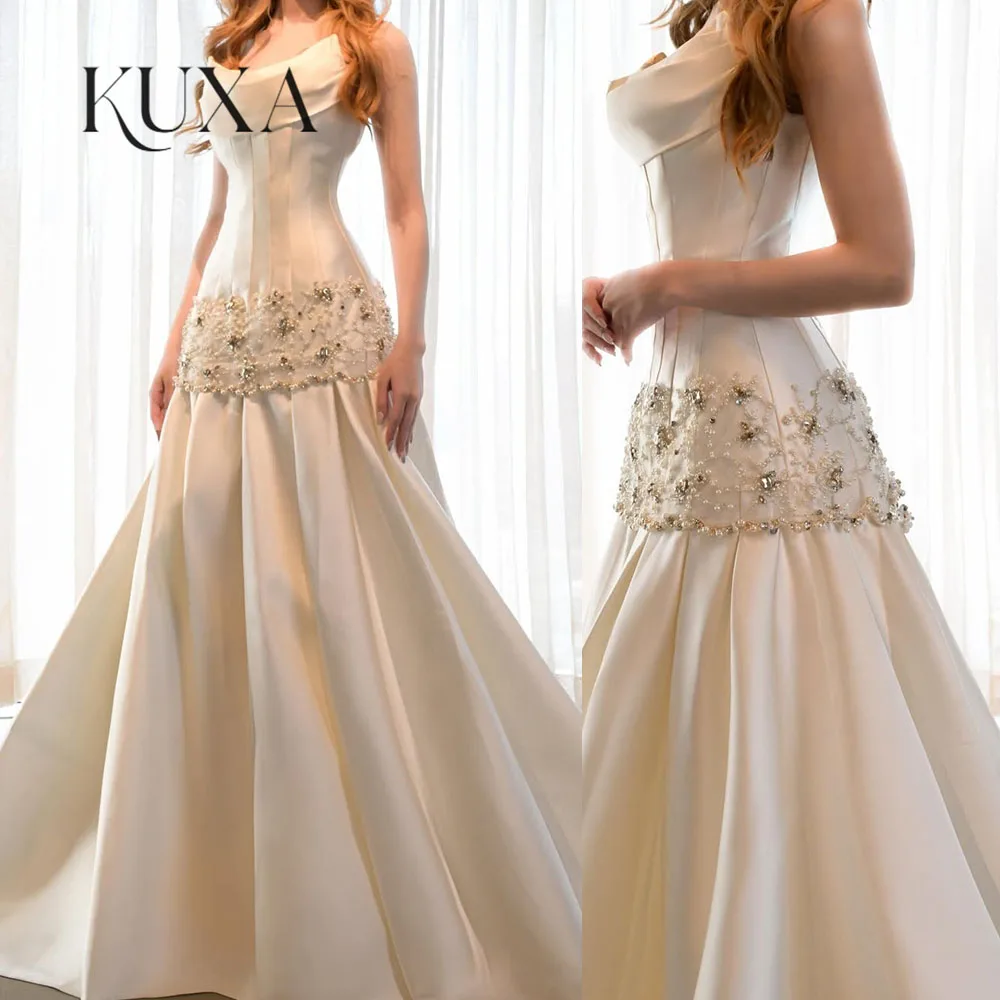 KUXA Customized Luxurious Elegant Wedding Gown Dresses Strapless A Line Floor Length Rhinestone Beading Pleats Party Prom Dress
