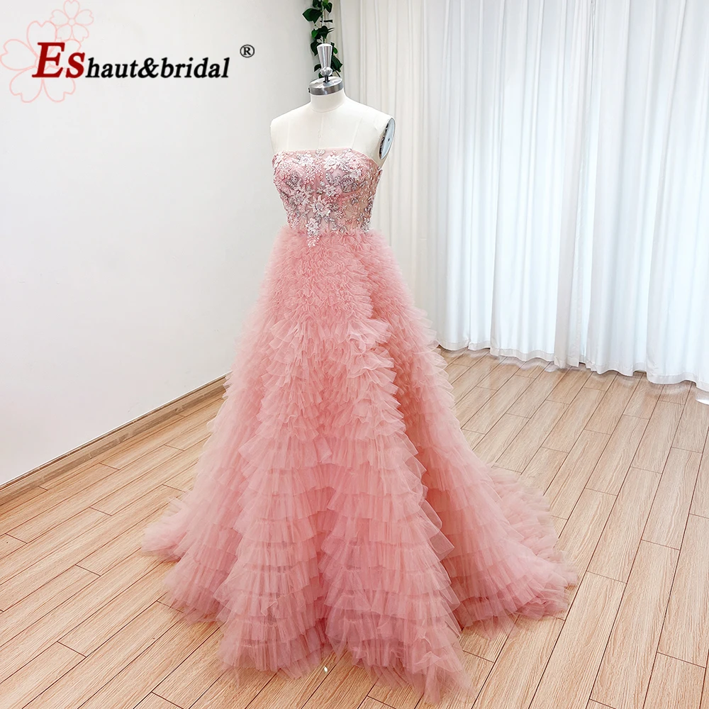 Elegant Blush Beaded Tiered Puffy Evening Dress for Women 2024 Luxury A-Line Strapless Formal Prom Wedding Party Gown Customizd
