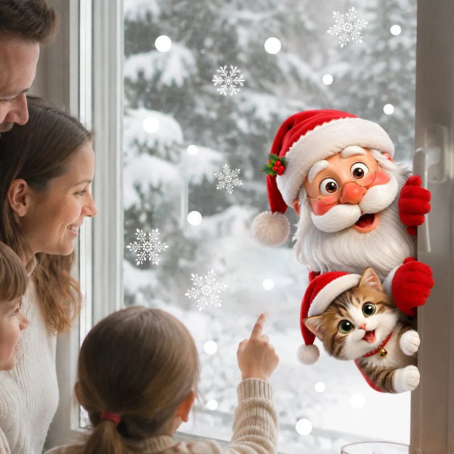 Peeping Santa And Fluffy Kitten Static Window Sticker with Snowflake Bokeh Dots, Reusable PVC Cute Winter Xmas Glass Art