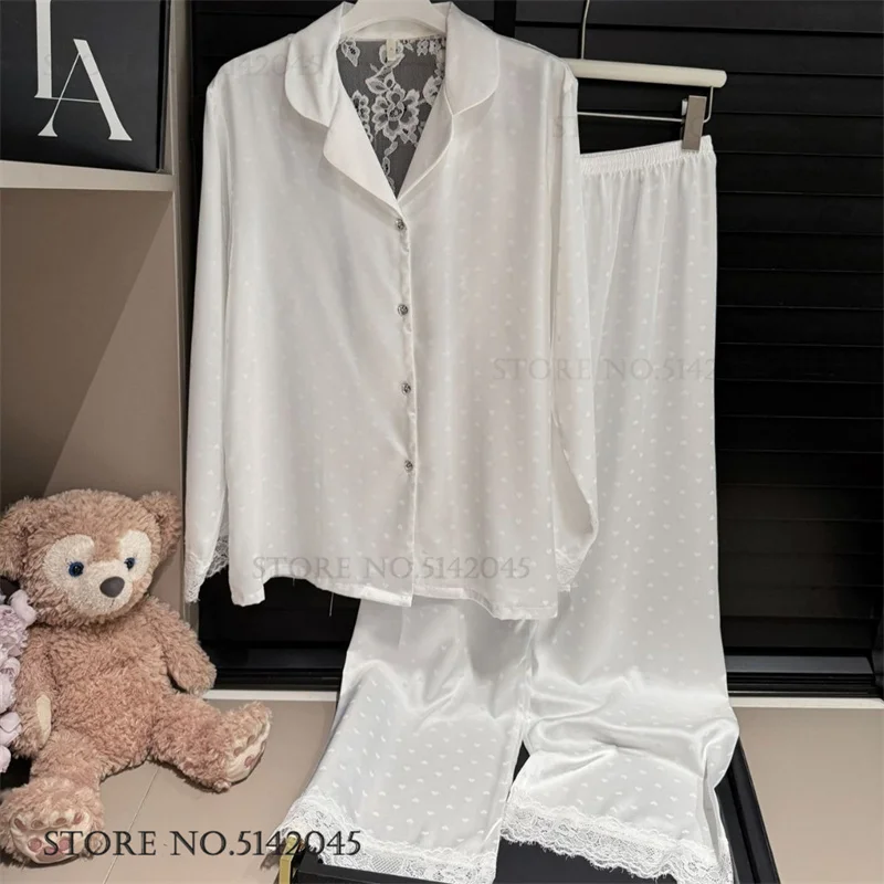 

Sexy Female 2PCS Pajamas Set Sleepwear Patchwork Hollow Out Lace Lingerie Trouser Suit Pijamas Set Loose Ie Silk Homewear Pijama