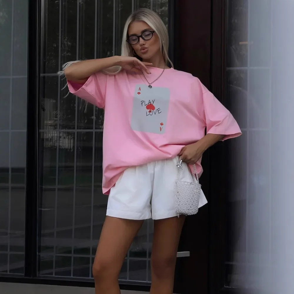 Summer Street Ins Original Poker Printed Cotton T-shirt Trendy Y2K Men and Women Spring Fashion Retro Oversized T-shirt Top