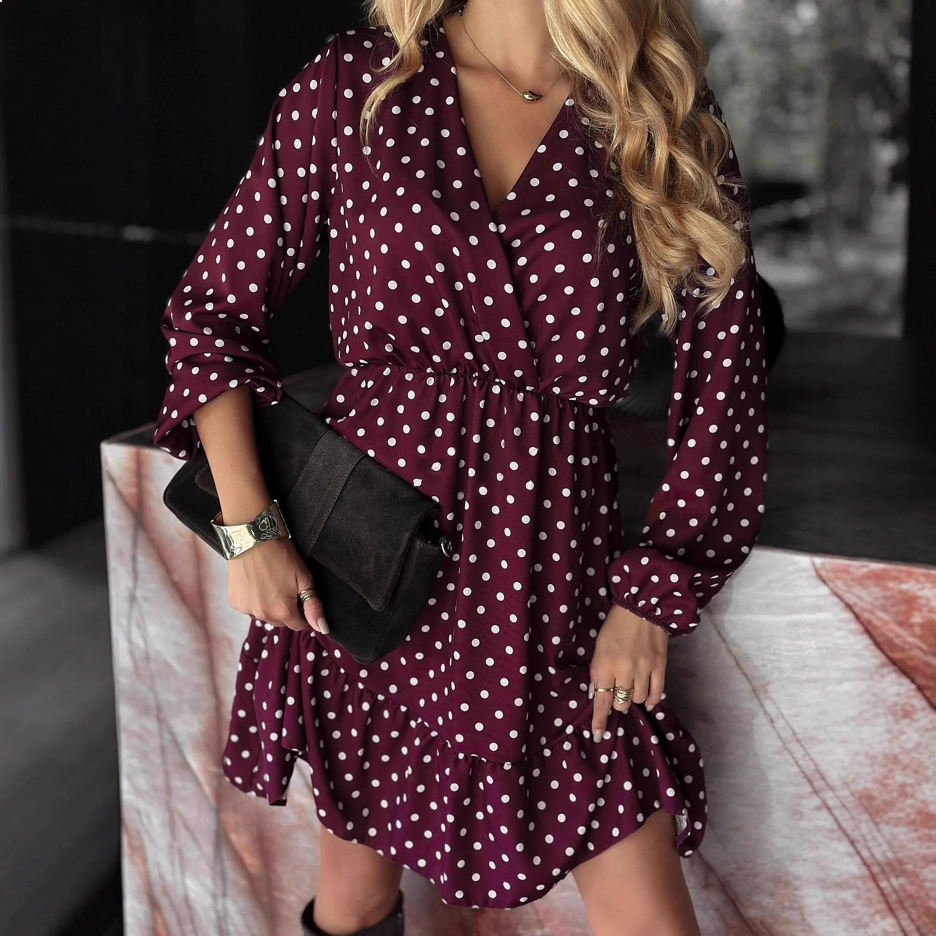 Sweet Polka Dot V Neck Dress, Women's Spring Summer Dresses with Elastic Waist, Flowy Overall Jumpsuit Playsuit Pants