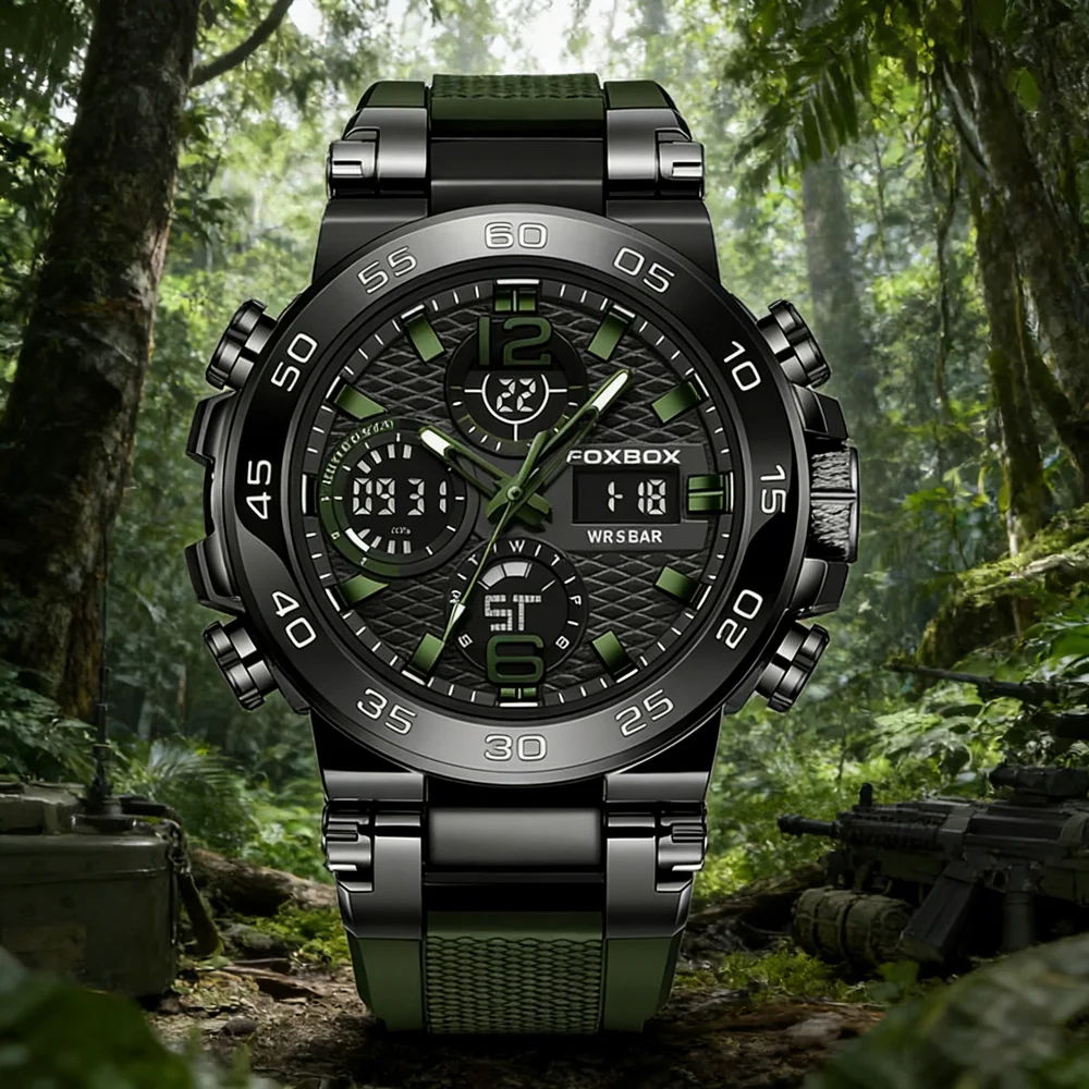 FOXBOX Sports Military Men's Watches Waterproof Dual Display Quartz Wristwatch For Male Clock Stopwatch Relogios Masculino+Box