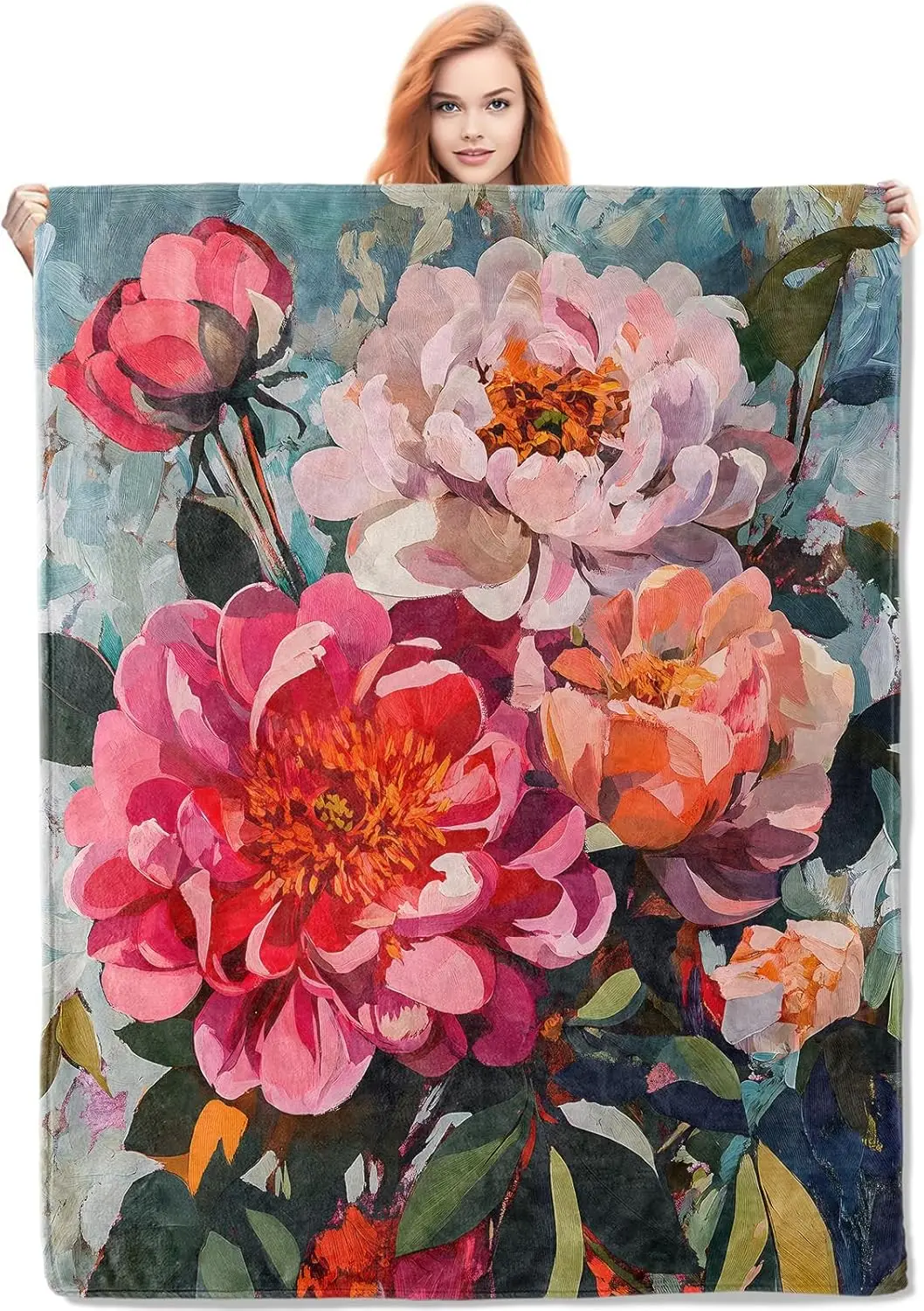 Floral Blanket Gifts for Women,Peony Flower Flannel Blanket,Soft Warm Lightweight Throw Blankets for Bed Couch Home Travel Decor